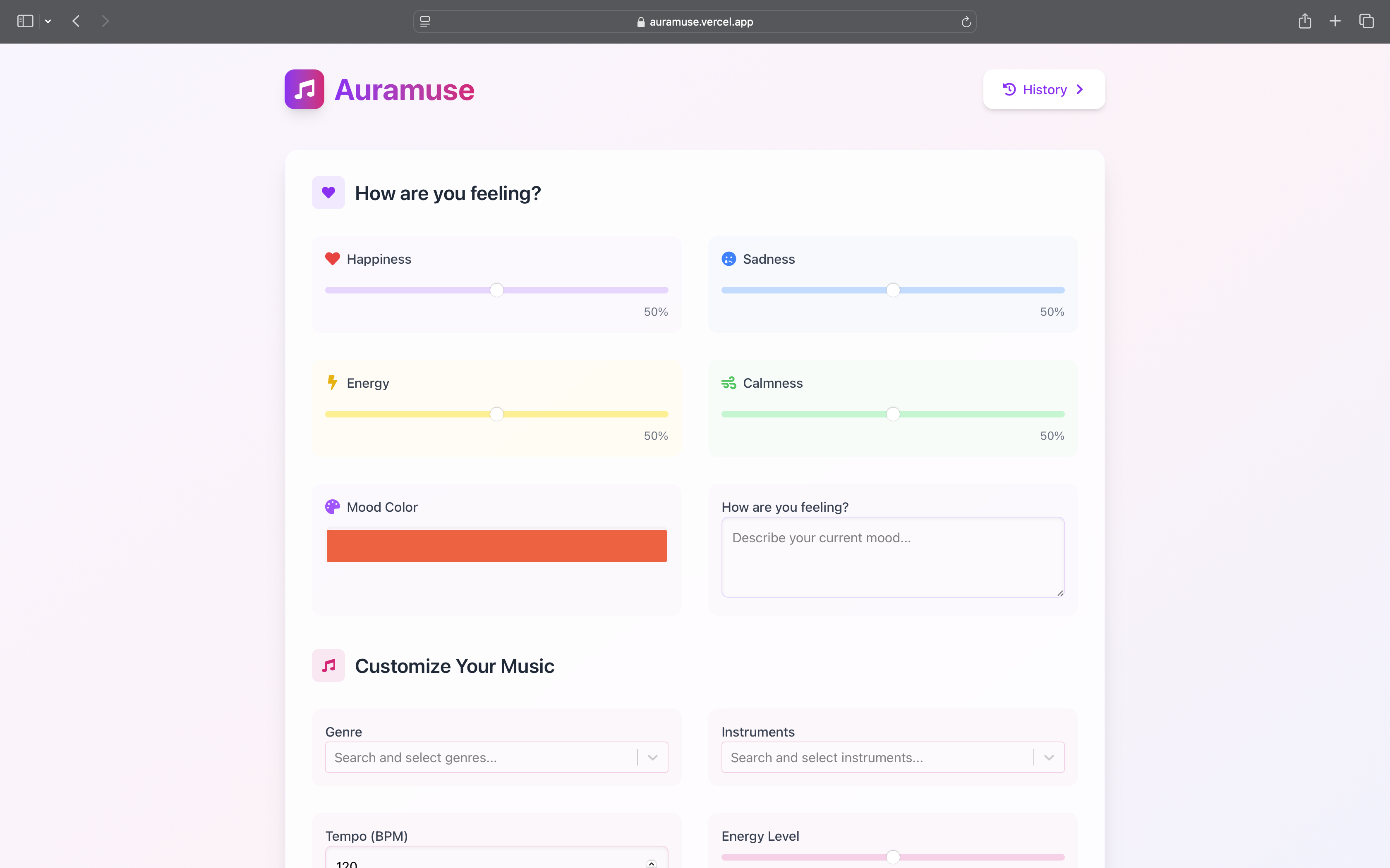 Screenshot of Auramuse website